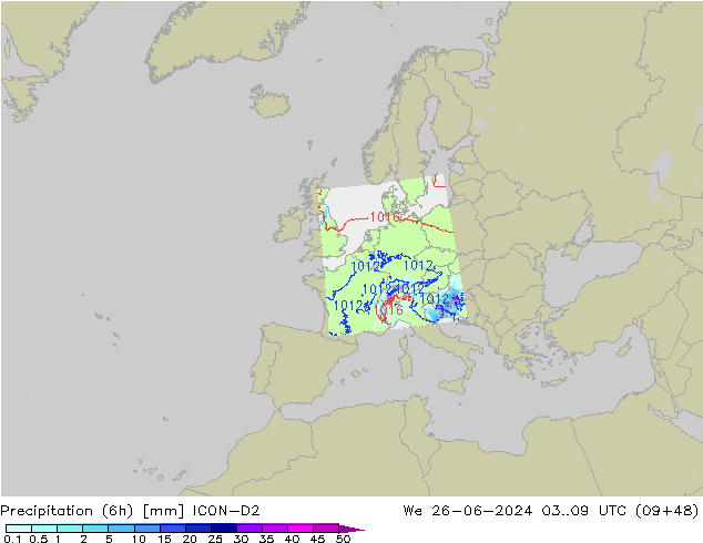Totale neerslag (6h) ICON-D2 wo 26.06.2024 09 UTC