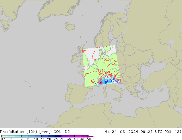 降水量 (12h) ICON-D2 星期一 24.06.2024 21 UTC