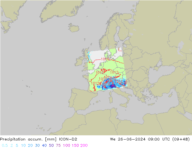 Totale neerslag ICON-D2 wo 26.06.2024 09 UTC