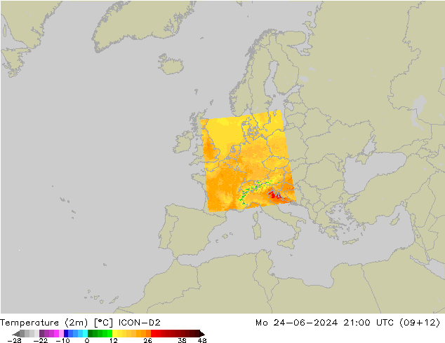 Temperature (2m) ICON-D2 Mo 24.06.2024 21 UTC