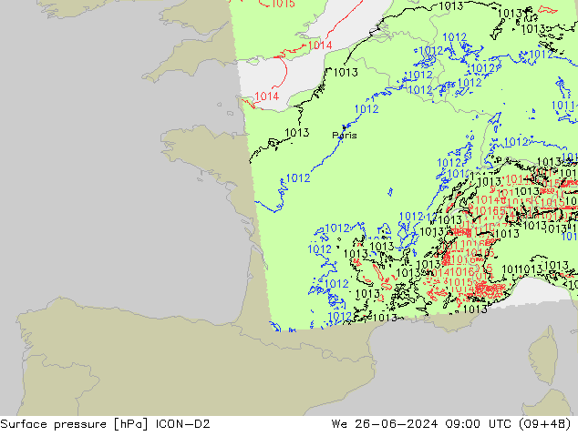 Surface pressure ICON-D2 We 26.06.2024 09 UTC