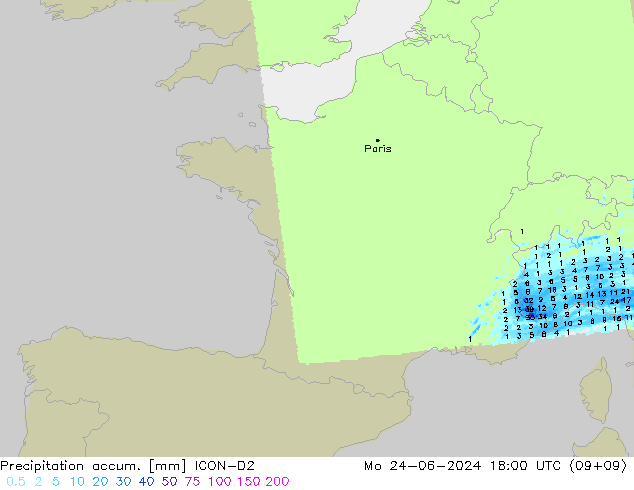 Précipitation accum. ICON-D2 lun 24.06.2024 18 UTC