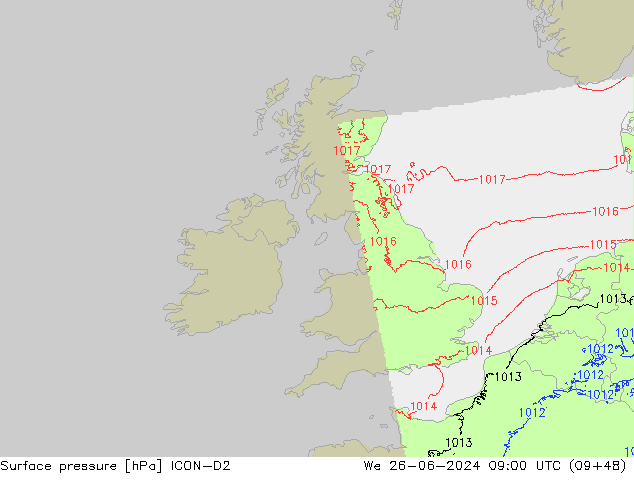 Surface pressure ICON-D2 We 26.06.2024 09 UTC