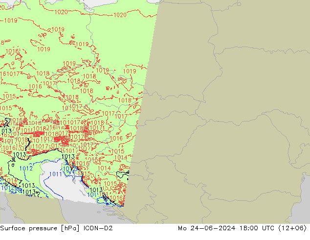 Pressione al suolo ICON-D2 lun 24.06.2024 18 UTC