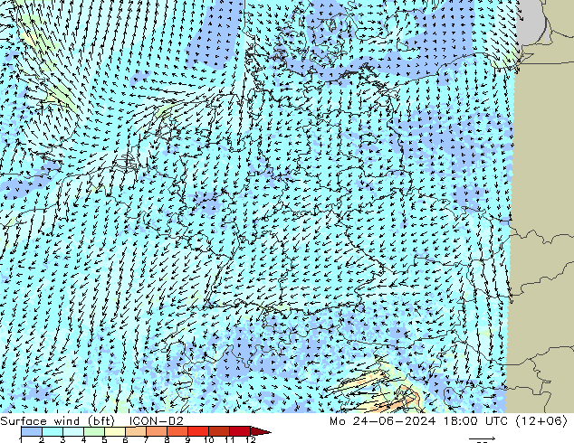 Rüzgar 10 m (bft) ICON-D2 Pzt 24.06.2024 18 UTC
