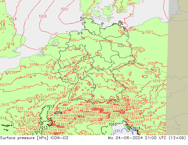 Atmosférický tlak ICON-D2 Po 24.06.2024 21 UTC