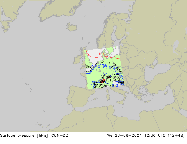 Presión superficial ICON-D2 mié 26.06.2024 12 UTC
