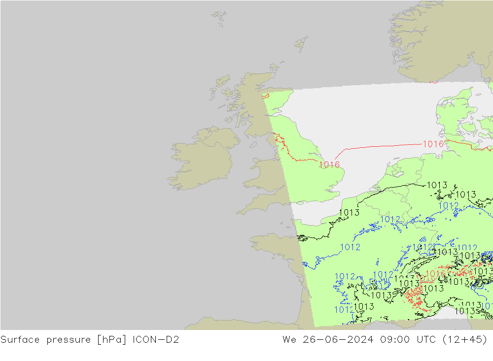 Yer basıncı ICON-D2 Çar 26.06.2024 09 UTC