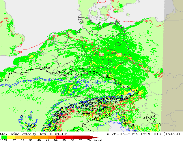 Max. wind velocity ICON-D2 вт 25.06.2024 15 UTC