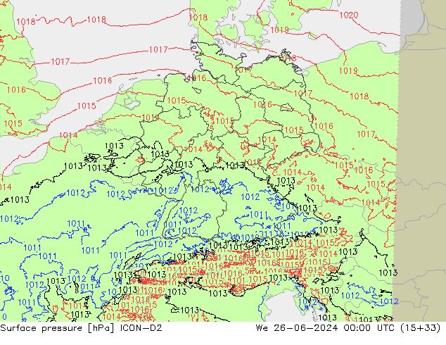 Presión superficial ICON-D2 mié 26.06.2024 00 UTC