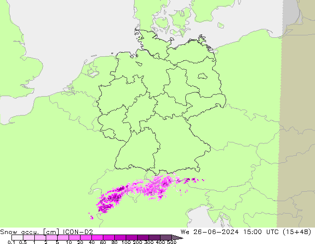 Snow accu. ICON-D2 mer 26.06.2024 15 UTC