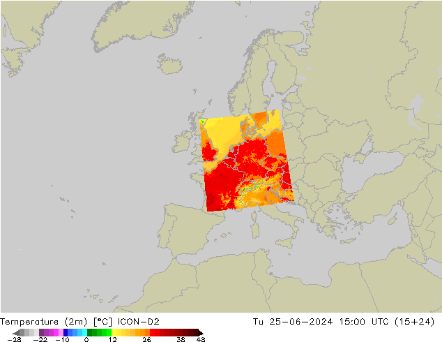 Temperature (2m) ICON-D2 Tu 25.06.2024 15 UTC