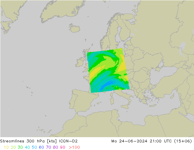 Ligne de courant 300 hPa ICON-D2 lun 24.06.2024 21 UTC