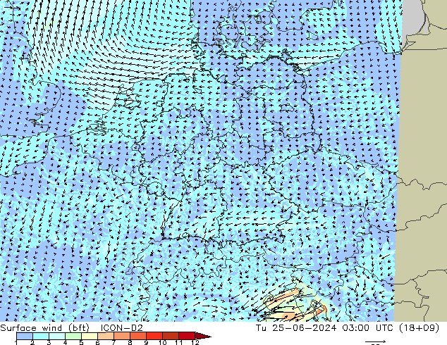 Rüzgar 10 m (bft) ICON-D2 Sa 25.06.2024 03 UTC
