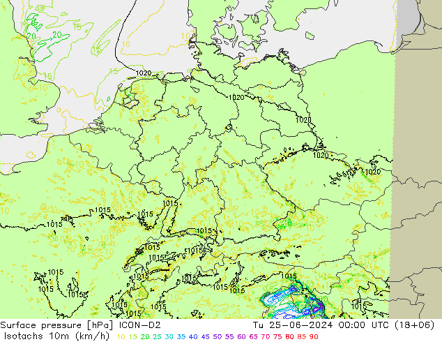 Isotachs (kph) ICON-D2 Tu 25.06.2024 00 UTC