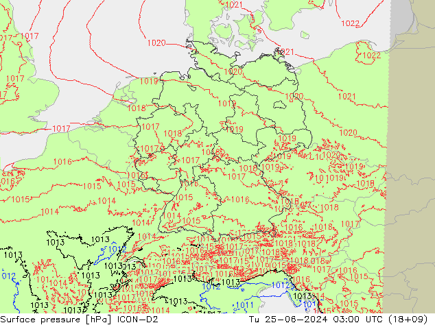 Surface pressure ICON-D2 Tu 25.06.2024 03 UTC