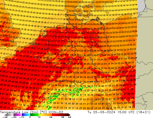 Tiefstwerte (2m) ICON-D2 Di 25.06.2024 15 UTC