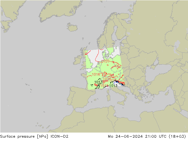 Pressione al suolo ICON-D2 lun 24.06.2024 21 UTC