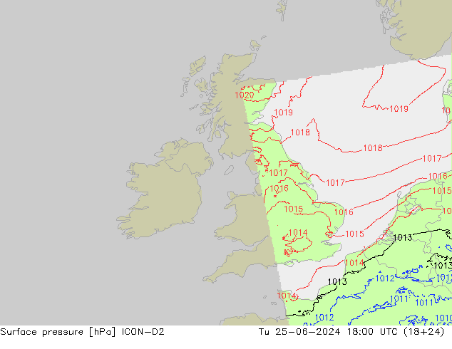 Presión superficial ICON-D2 mar 25.06.2024 18 UTC