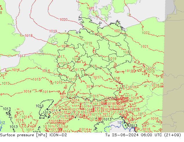 Surface pressure ICON-D2 Tu 25.06.2024 06 UTC