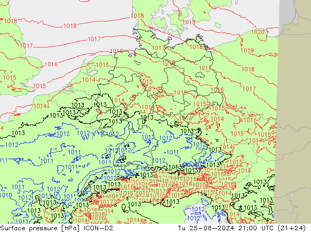 Presión superficial ICON-D2 mar 25.06.2024 21 UTC