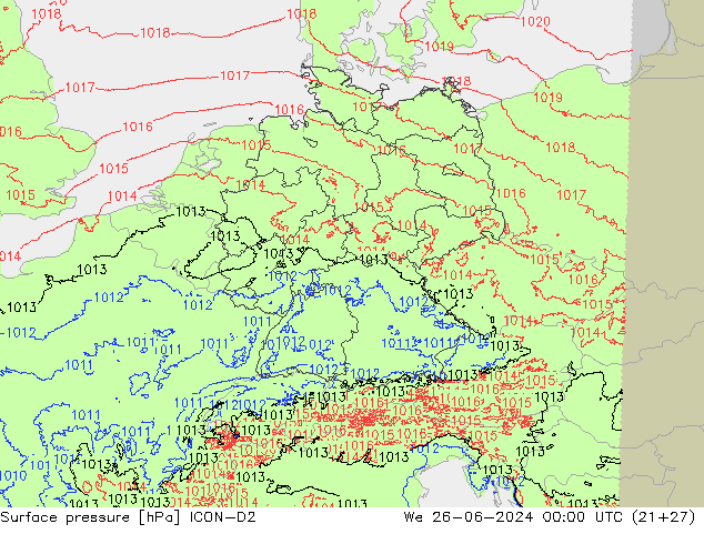 Presión superficial ICON-D2 mié 26.06.2024 00 UTC