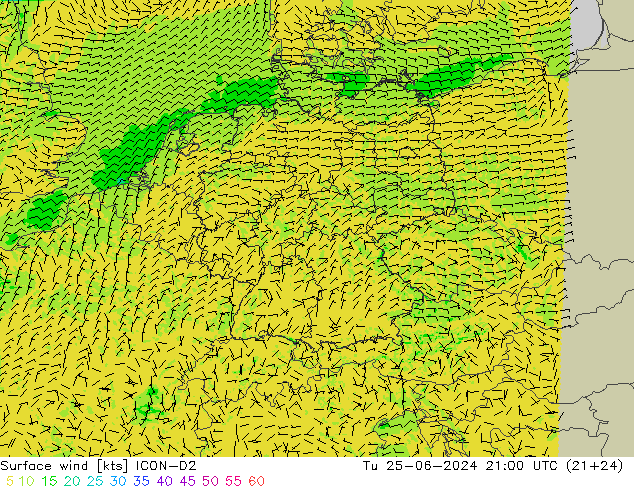 Surface wind ICON-D2 Tu 25.06.2024 21 UTC