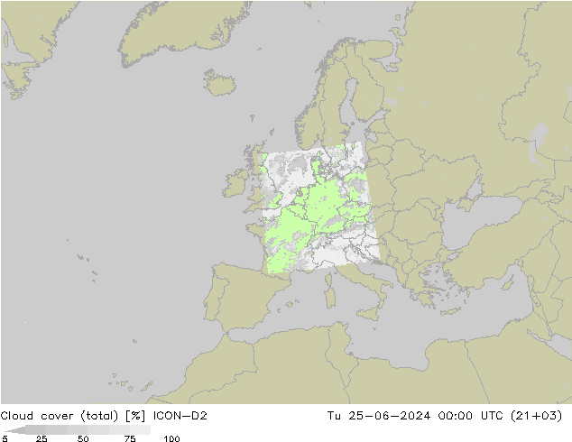 Cloud cover (total) ICON-D2 Tu 25.06.2024 00 UTC