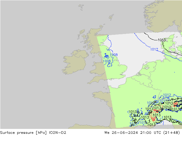 Presión superficial ICON-D2 mié 26.06.2024 21 UTC