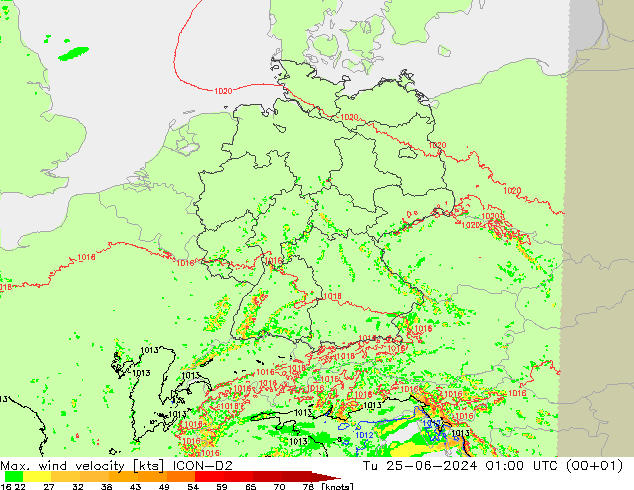 Max. wind velocity ICON-D2 Tu 25.06.2024 01 UTC