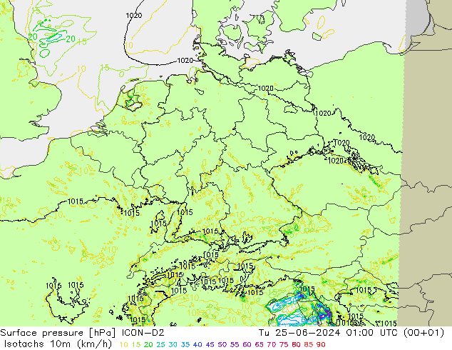 Isotachs (kph) ICON-D2 Tu 25.06.2024 01 UTC