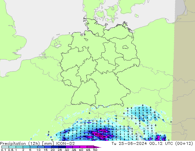 Precipitazione (12h) ICON-D2 mar 25.06.2024 12 UTC
