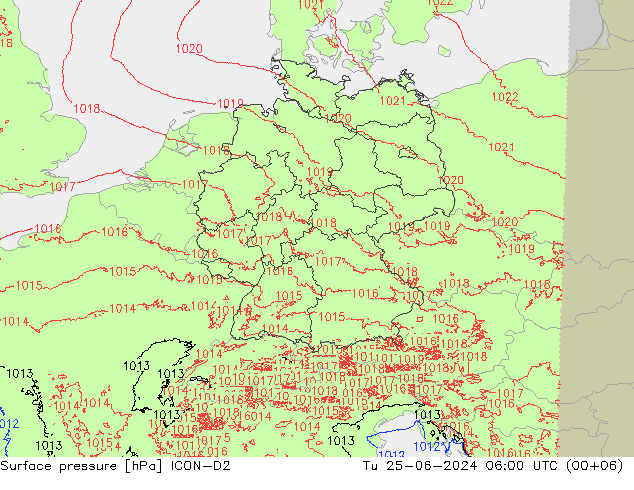 Surface pressure ICON-D2 Tu 25.06.2024 06 UTC