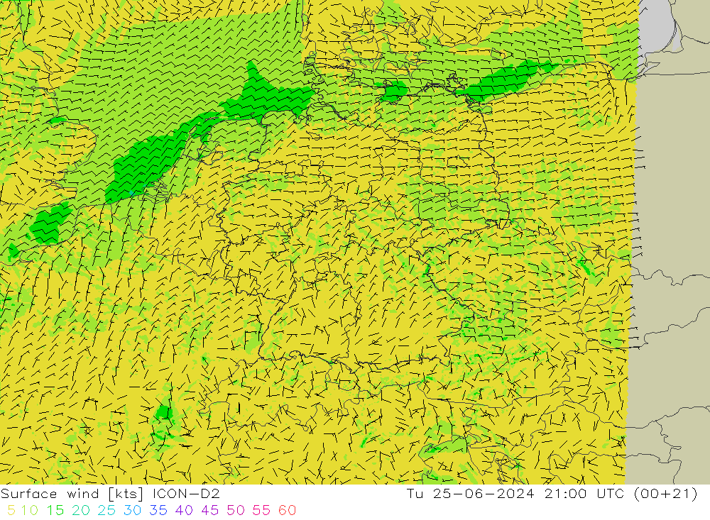 Viento 10 m ICON-D2 mar 25.06.2024 21 UTC