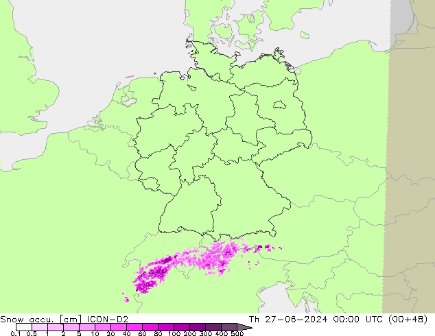 Snow accu. ICON-D2 jue 27.06.2024 00 UTC