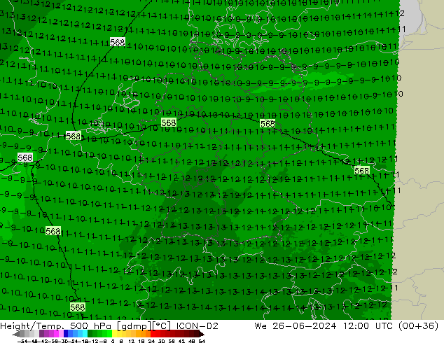 Height/Temp. 500 hPa ICON-D2 śro. 26.06.2024 12 UTC