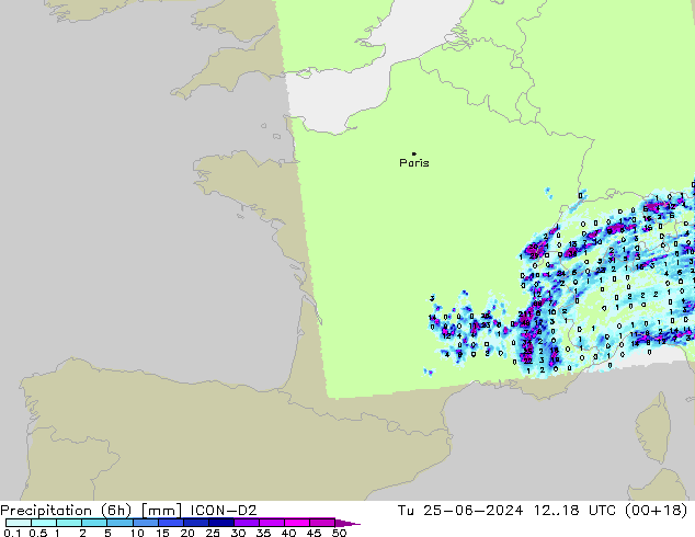 Precipitación (6h) ICON-D2 mar 25.06.2024 18 UTC