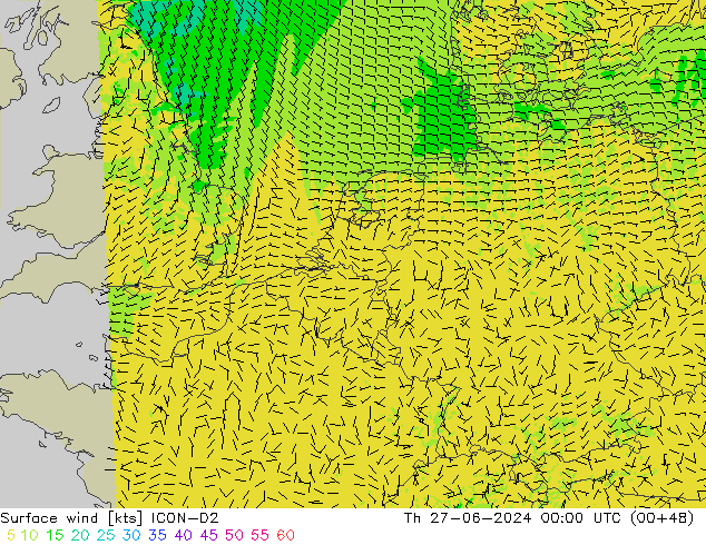 Wind 10 m ICON-D2 do 27.06.2024 00 UTC