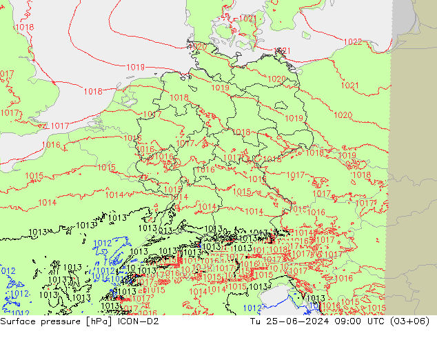 Presión superficial ICON-D2 mar 25.06.2024 09 UTC