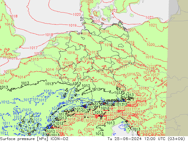 Surface pressure ICON-D2 Tu 25.06.2024 12 UTC