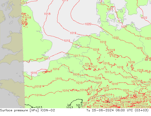 地面气压 ICON-D2 星期二 25.06.2024 06 UTC
