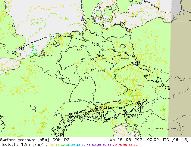 Eşrüzgar Hızları (km/sa) ICON-D2 Çar 26.06.2024 00 UTC