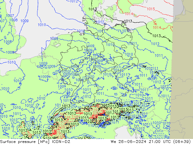 Presión superficial ICON-D2 mié 26.06.2024 21 UTC