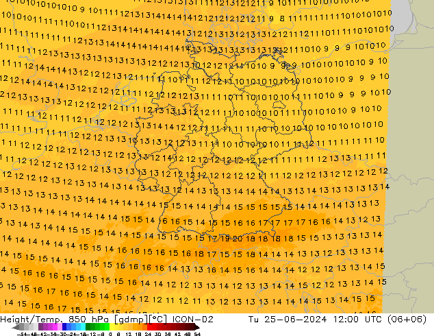 Height/Temp. 850 hPa ICON-D2 Di 25.06.2024 12 UTC