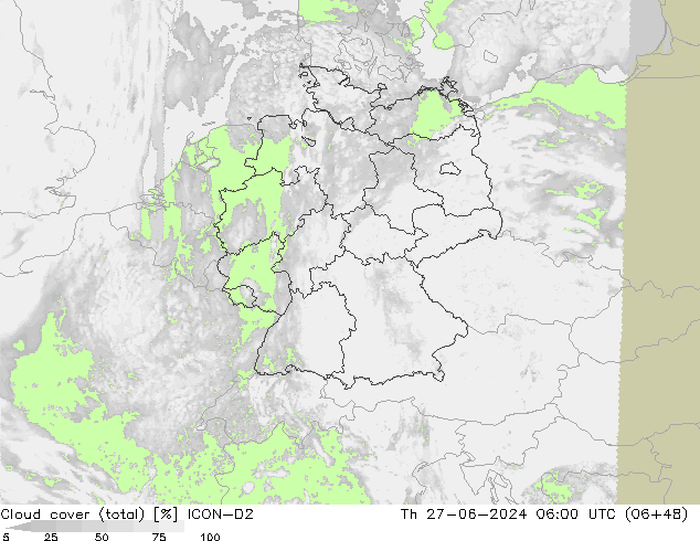 Nubes (total) ICON-D2 jue 27.06.2024 06 UTC