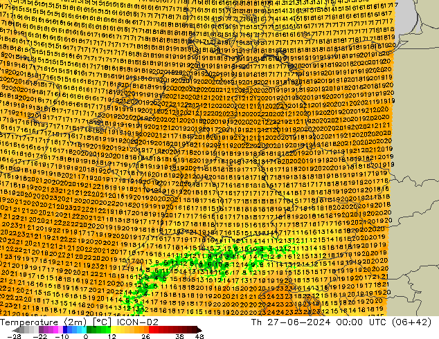 Temperature (2m) ICON-D2 Th 27.06.2024 00 UTC