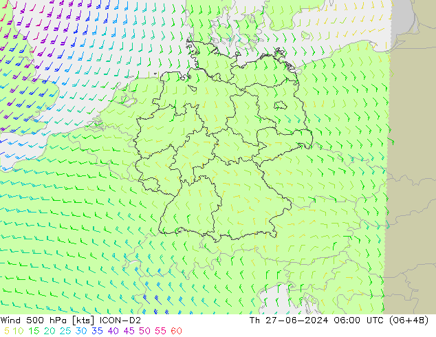 Wind 500 hPa ICON-D2 Th 27.06.2024 06 UTC