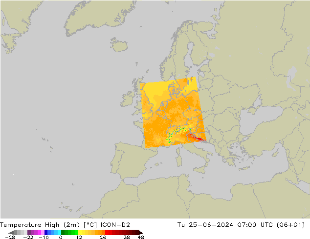 Temperature High (2m) ICON-D2 星期二 25.06.2024 07 UTC