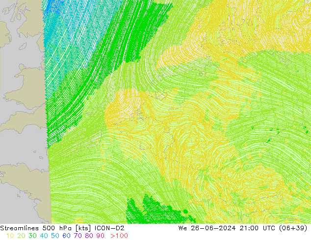 Streamlines 500 hPa ICON-D2 We 26.06.2024 21 UTC