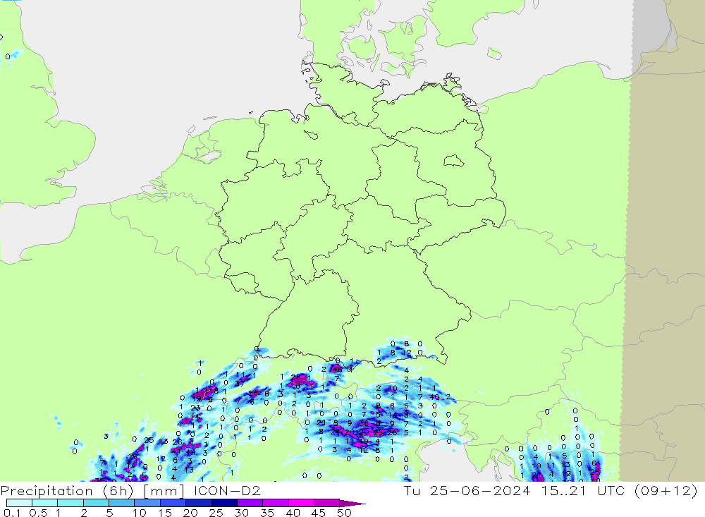 Precipitation (6h) ICON-D2 Tu 25.06.2024 21 UTC